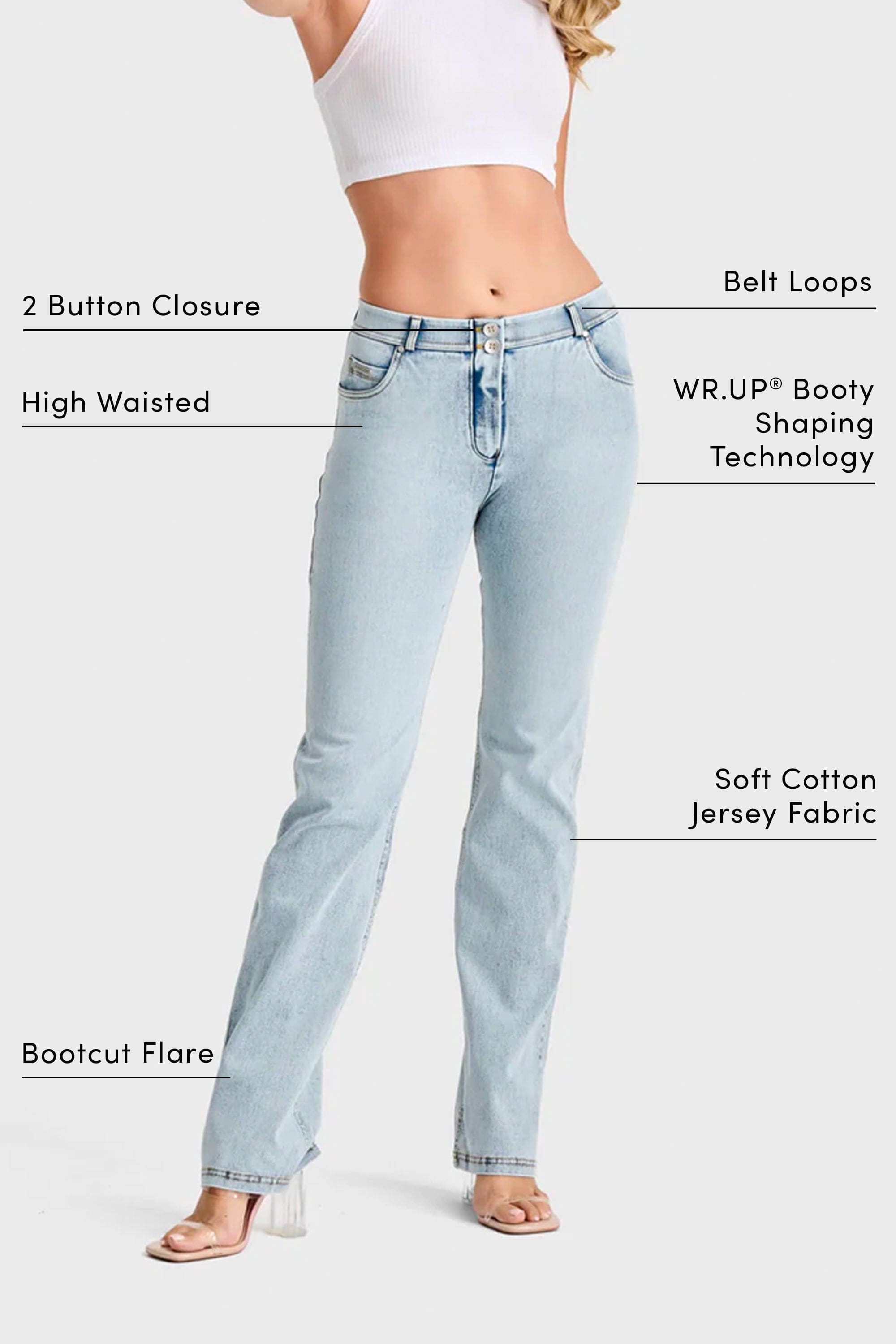 WR.UP® SNUG Jeans - 2 Button High Waisted - Bootcut - Light Blue + Yellow Stitching 2