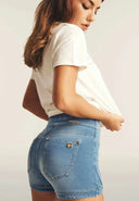 NOW Denim - High Waisted - Shorts - Light Blue + Beige Stitching