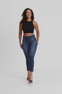 WRUP SNUG Distressed Jeans - High Waisted - Petite Length - Dark Blue + Blue Stitching