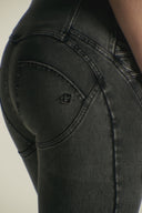 WRUP Denim Criss Cross Detail - High Waisted - Petite Length - Dark Grey Denim + Black Stitching