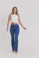 WRUP Denim With Front Pockets - Super High Waisted - Flare - Cobalt Blue + Blue Stitching