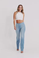 WRUP SNUG Jeans - High Waisted - Flare - Light Blue + Yellow Stitching