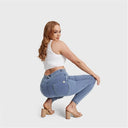 WRUP Curvy Denim - High Waisted - Petite Length - Light Blue + Yellow Stitching