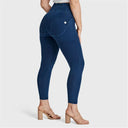 WRUP Curvy Denim - Zip High Waisted - Petite Length - Dark Blue + Blue Stitching