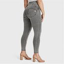 WRUP Curvy Denim - Zip High Waisted - Petite Length - Grey + Yellow Stitching