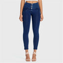 WRUP Denim - 3 Button High Waisted - Petite Length - Dark Blue + Blue Stitching