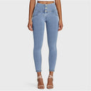 WRUP Denim - 3 Button High Waisted - Petite Length - Light Blue + Yellow Stitching