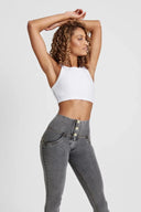 WRUP Denim - 3 Button High Waisted - Full Length - Grey + Yellow Stitching