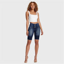 WRUP Denim - High Waisted - 3 Button Biker Shorts - Dark Blue + Yellow Stitching