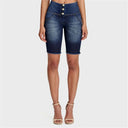 WRUP Denim - High Waisted - 3 Button Biker Shorts - Dark Blue + Yellow Stitching