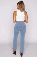 WRUP Denim - High Waisted - Kick Flare - Light Blue + Yellow Stitching