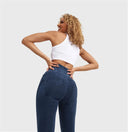 WRUP Denim With Front Pockets - Super High Waisted - Petite Length - Dark Blue + Blue Stitching