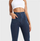 WRUP Denim With Front Pockets - Super High Waisted - Petite Length - Dark Blue + Blue Stitching