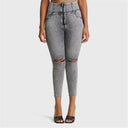 WRUP SNUG Curvy Ripped Jeans - High Waisted - Petite Length - Grey Stonewash + Grey Stitching