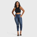 WRUP SNUG Distressed Jeans - High Waisted - Petite Length - Dark Blue + Blue Stitching