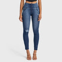 WRUP SNUG Distressed Jeans - High Waisted - Full Length - Dark Blue + Blue Stitching