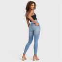 WRUP SNUG Distressed Jeans - High Waisted - Full Length - Light Blue + Yellow Stitching