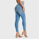 WRUP SNUG Jeans - High Waisted - Petite Length - Light Blue + Yellow Stitching