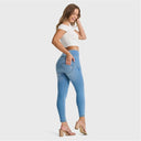 WRUP SNUG Jeans - High Waisted - Petite Length - Light Blue + Yellow Stitching
