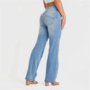 WRUP SNUG Jeans - High Waisted - Flare - Light Blue + Yellow Stitching