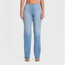 WRUP SNUG Jeans - High Waisted - Flare - Light Blue + Yellow Stitching
