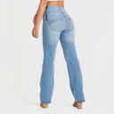 WRUP SNUG Jeans - High Waisted - Flare - Light Blue + Yellow Stitching