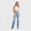 WRUP SNUG Jeans - High Waisted - Flare - Light Blue + Yellow Stitching