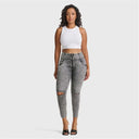 WRUP SNUG Ripped Jeans - High Waisted - Petite Length - Grey Stonewash + Grey Stitching