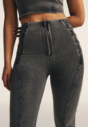 WRUP Denim Criss Cross Detail - High Waisted - Petite Length - Dark Grey Denim + Black Stitching