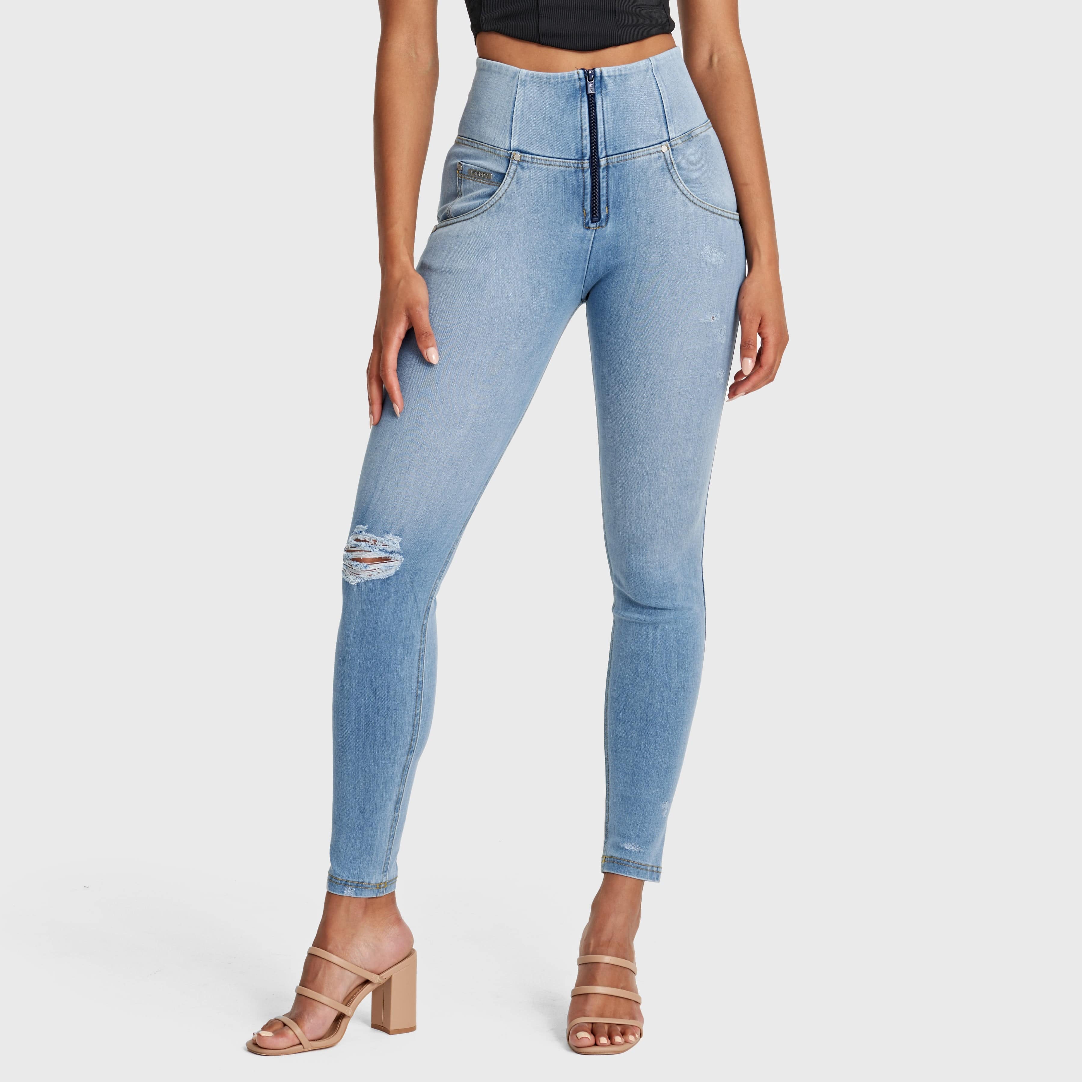 WR.UP® SNUG Distressed Jeans - High Waisted - Full Length - Light Blue + Yellow Stitching 2