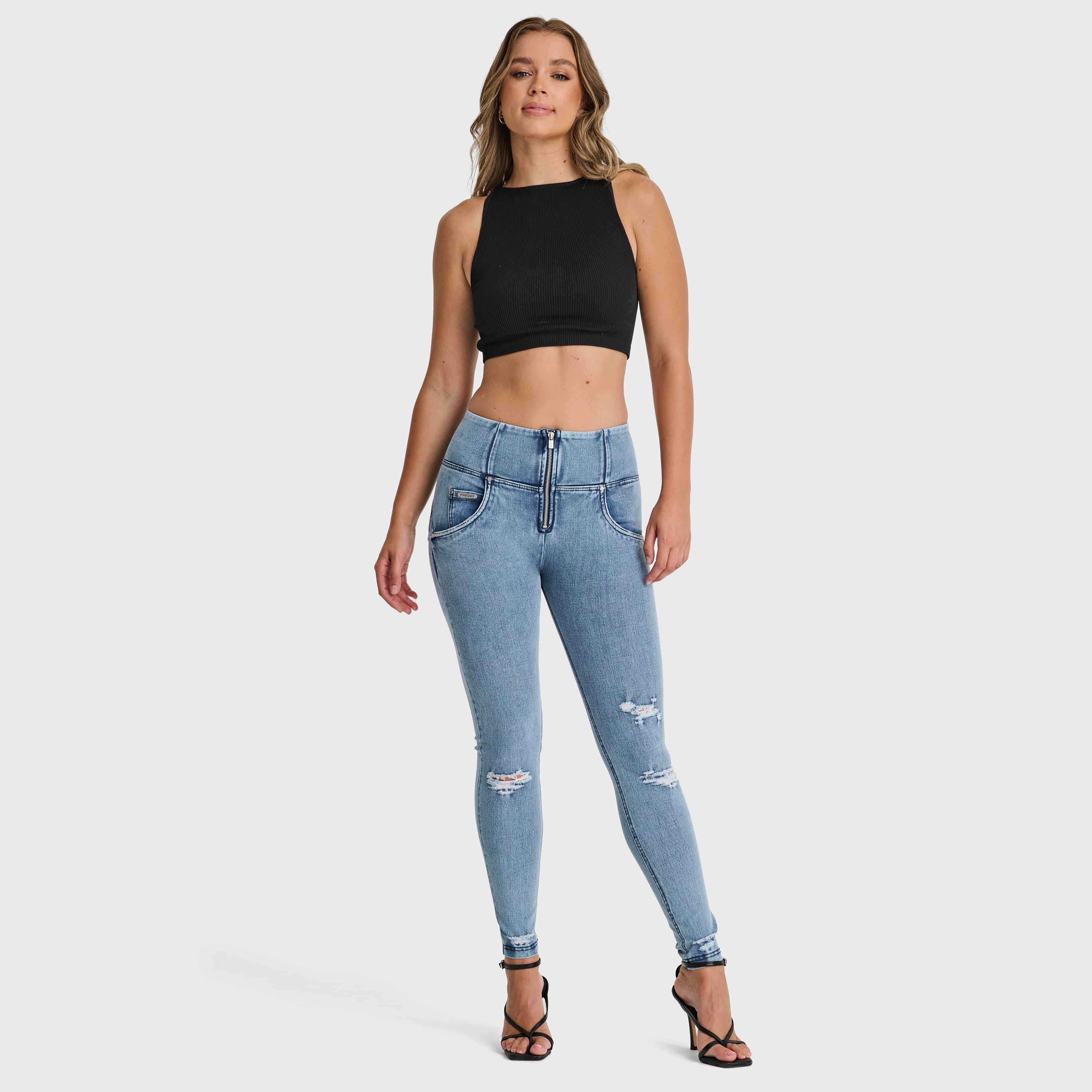 WR.UP® SNUG Distressed Jeans - High Waisted - Full Length - Light Blue + Blue Stitching 3