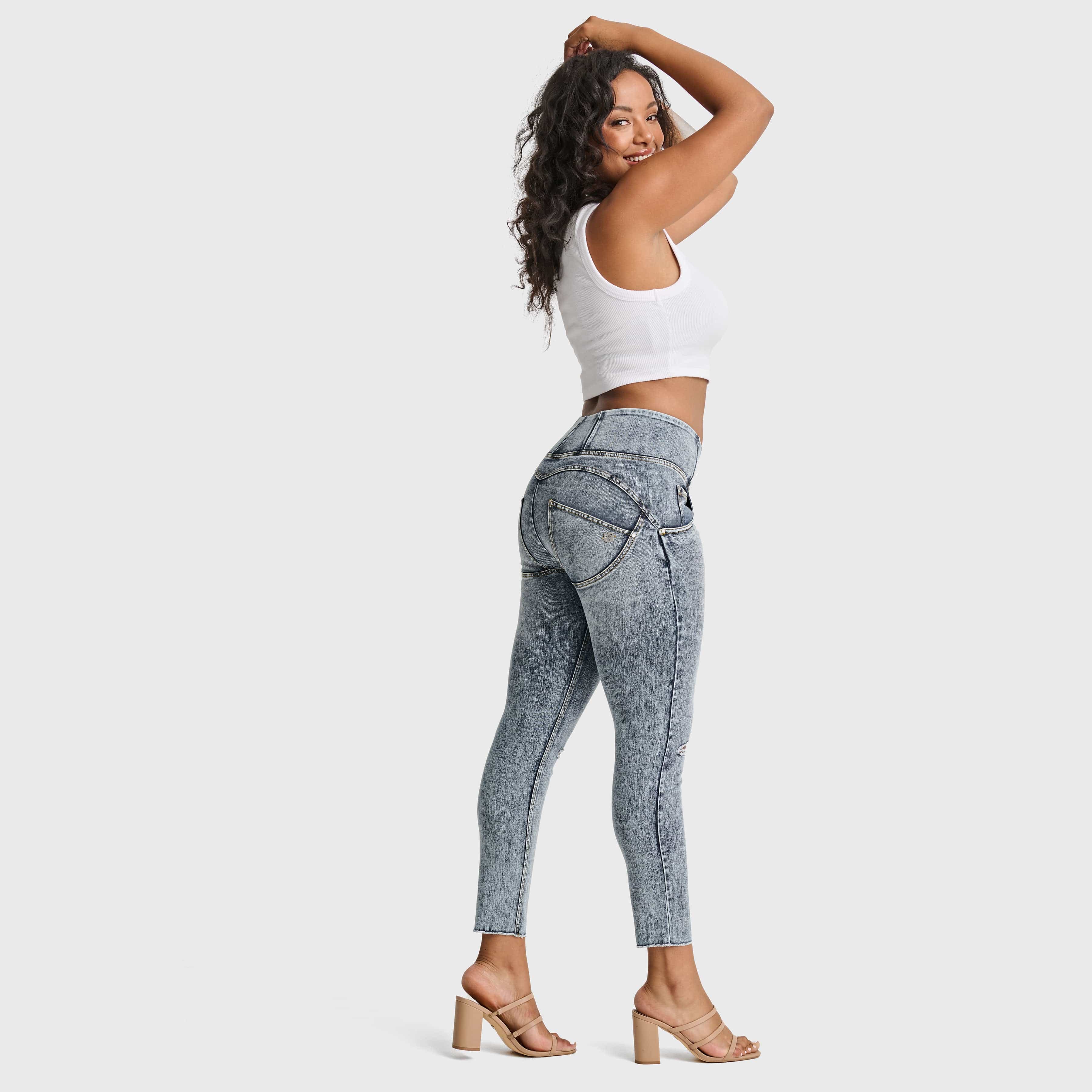 WR.UP® SNUG Ripped Jeans - High Waisted - Petite Length - Blue Stonewash + Yellow Stitching 3