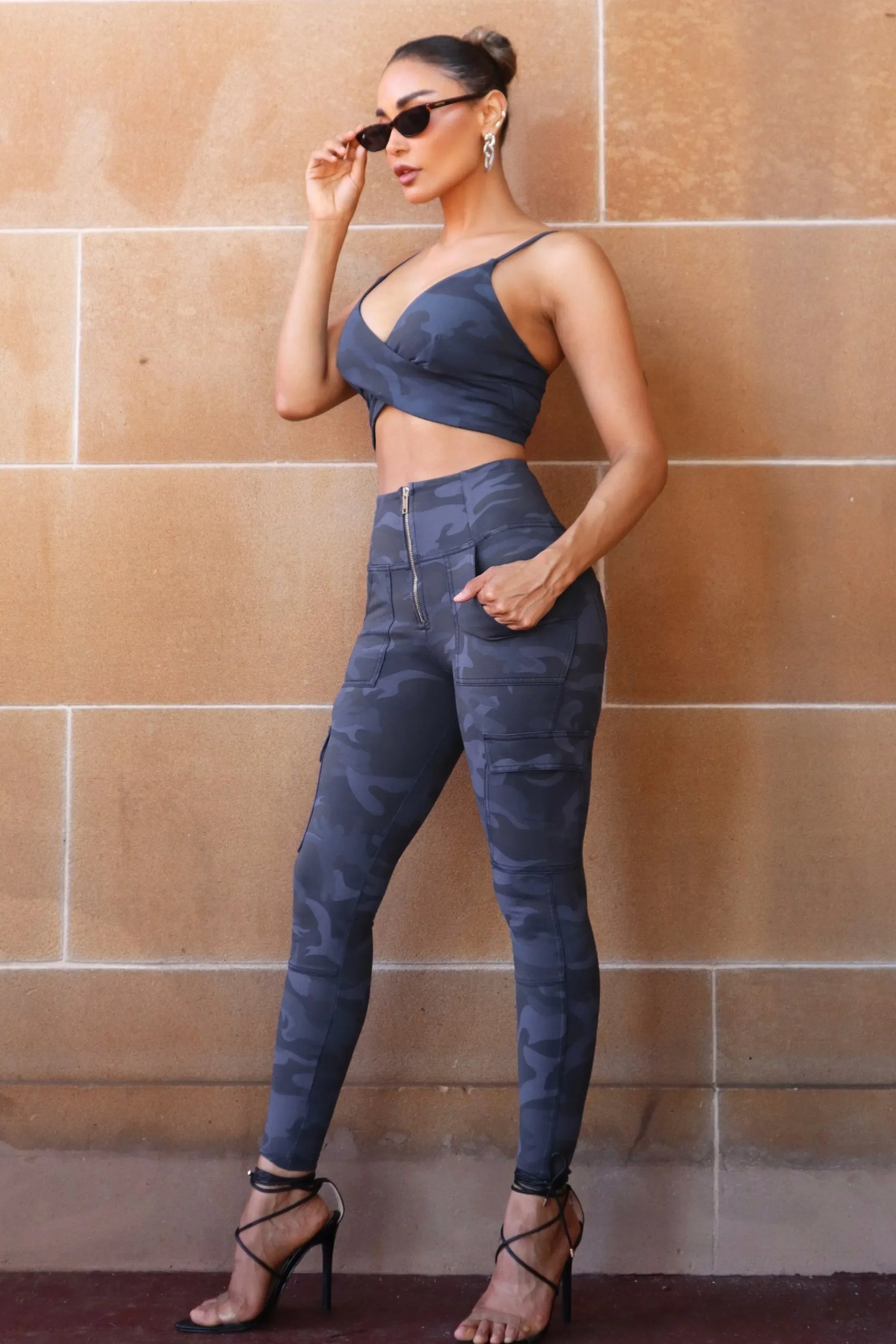 WRUP Cargo Fashion - High Waisted - Petite Length - Navy Blue Camo 1