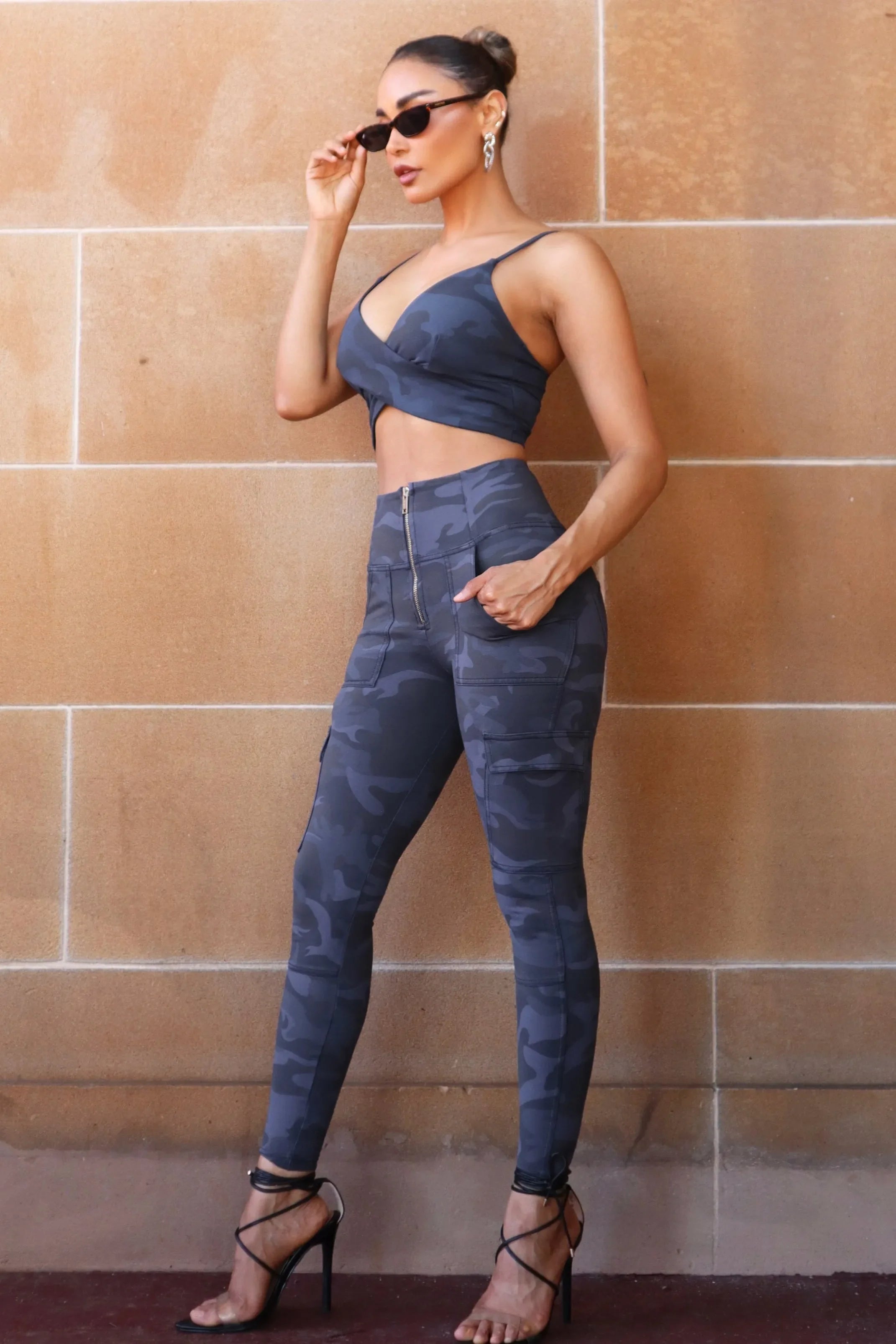 WRUP Cargo Fashion - High Waisted - Petite Length - Navy Blue Camo 1