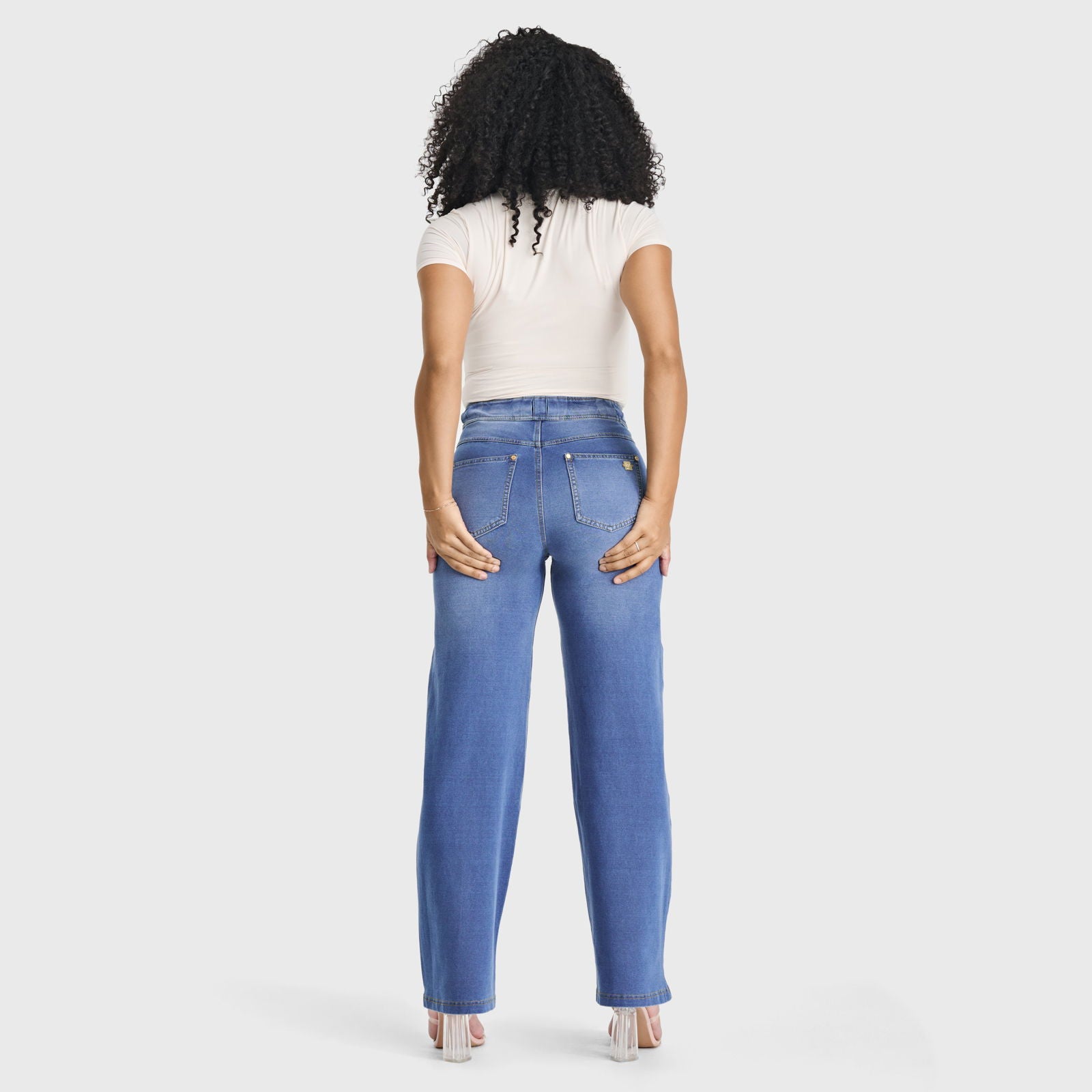 N.O.W® Denim Limited Edition - High Waisted - Wide Leg - Light Blue + Yellow Stitching - Freddy USA