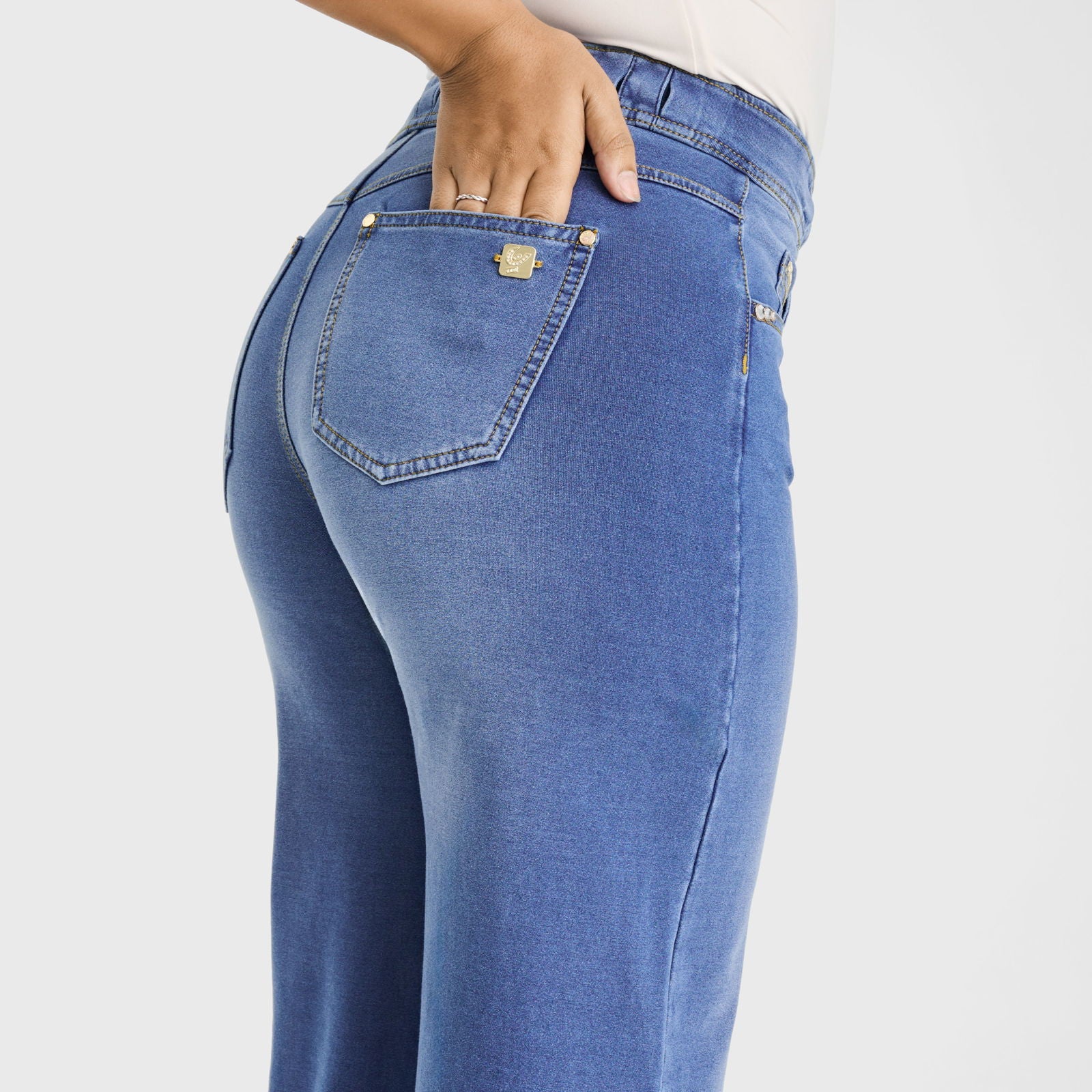 N.O.W® Denim Limited Edition - High Waisted - Wide Leg - Light Blue + Yellow Stitching - Freddy USA