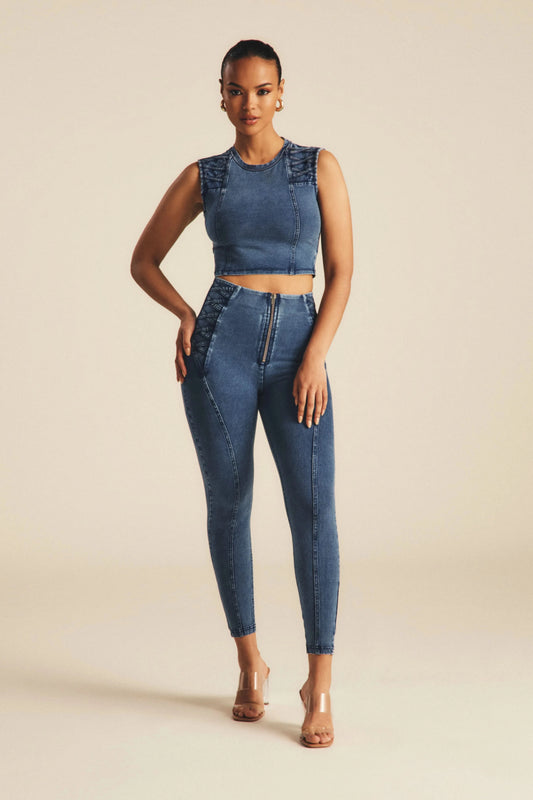 WRUP Denim Criss Cross Detail - High Waisted - Ankle Length - Indigo Denim + Blue Stitching
