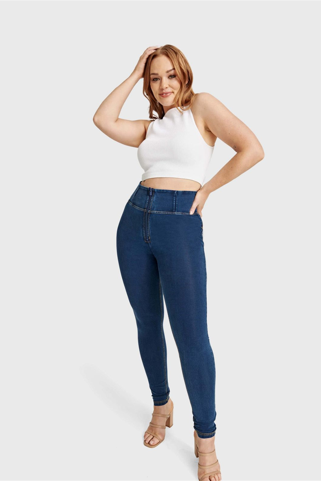 WR.UP® Curvy Denim - Zip High Waisted - Full Length - Dark Blue + Yellow Stitching 3