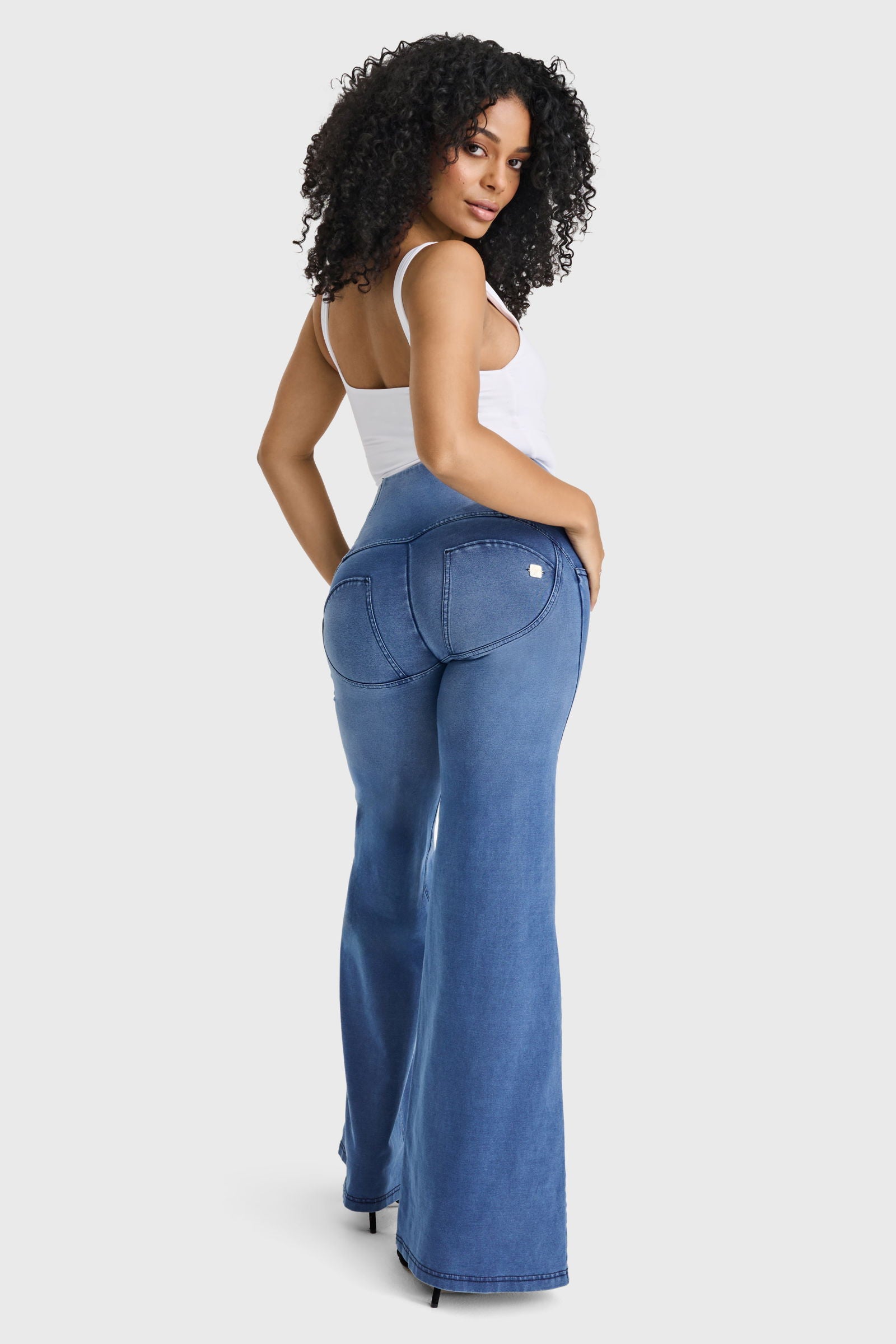 WR.UP® Denim - 3 Button High Waisted - Palazzo Flare - Light Blue + Blue Stitching - Freddy USA