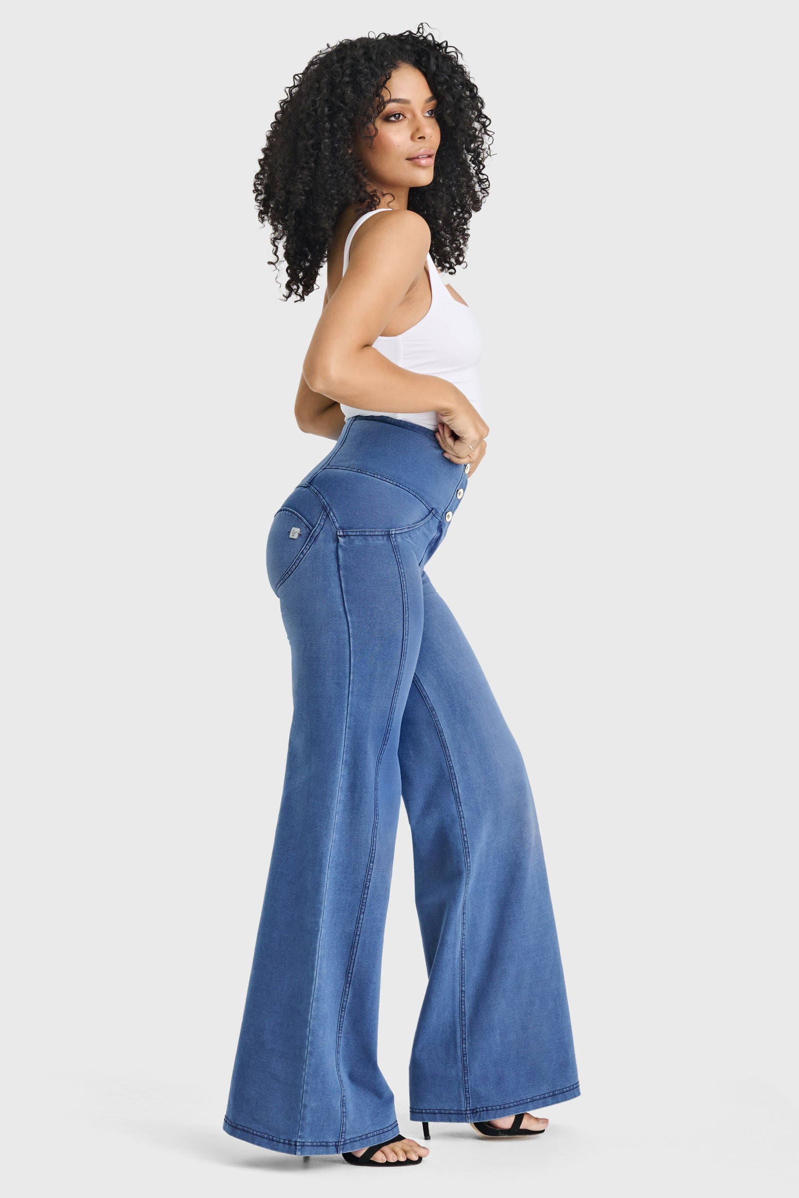 WR.UP® Denim - 3 Button High Waisted - Palazzo Flare - Light Blue + Blue Stitching - Freddy USA