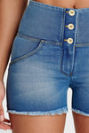 WR.UP® Denim - High Waisted - 3 Button Shorts - Light Blue + Yellow Stitching 9