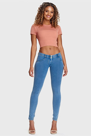 Freddy WR.UP Light Blue Jeans + Yellow Stitching, low rise, Full Length