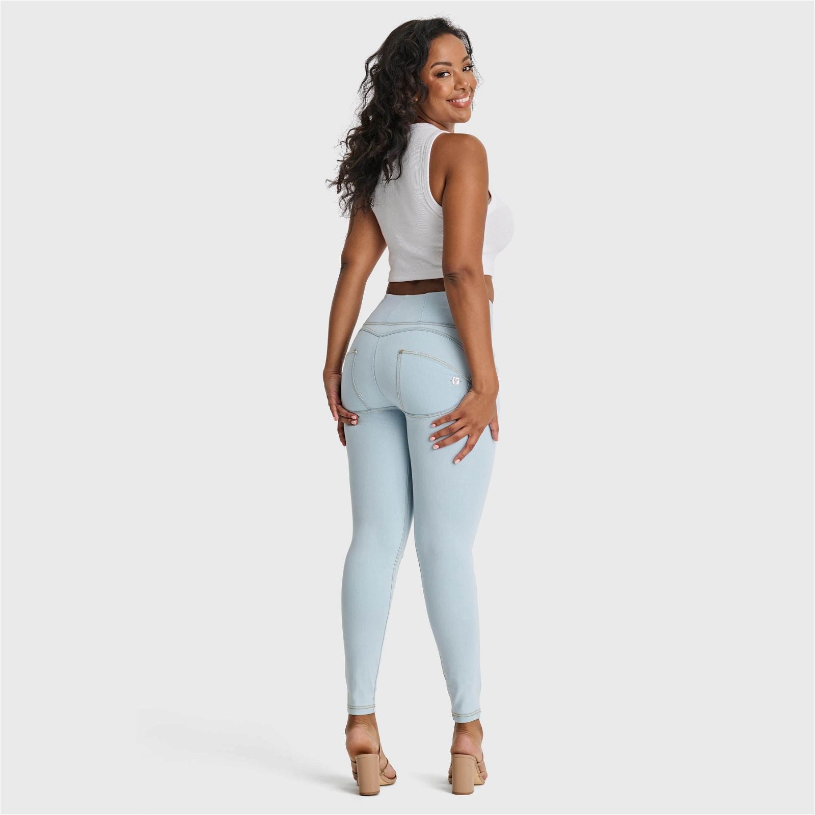 WR.UP® SNUG Distressed Jeans - High Waisted - Full Length - Baby Blue + Yellow Stitching 3