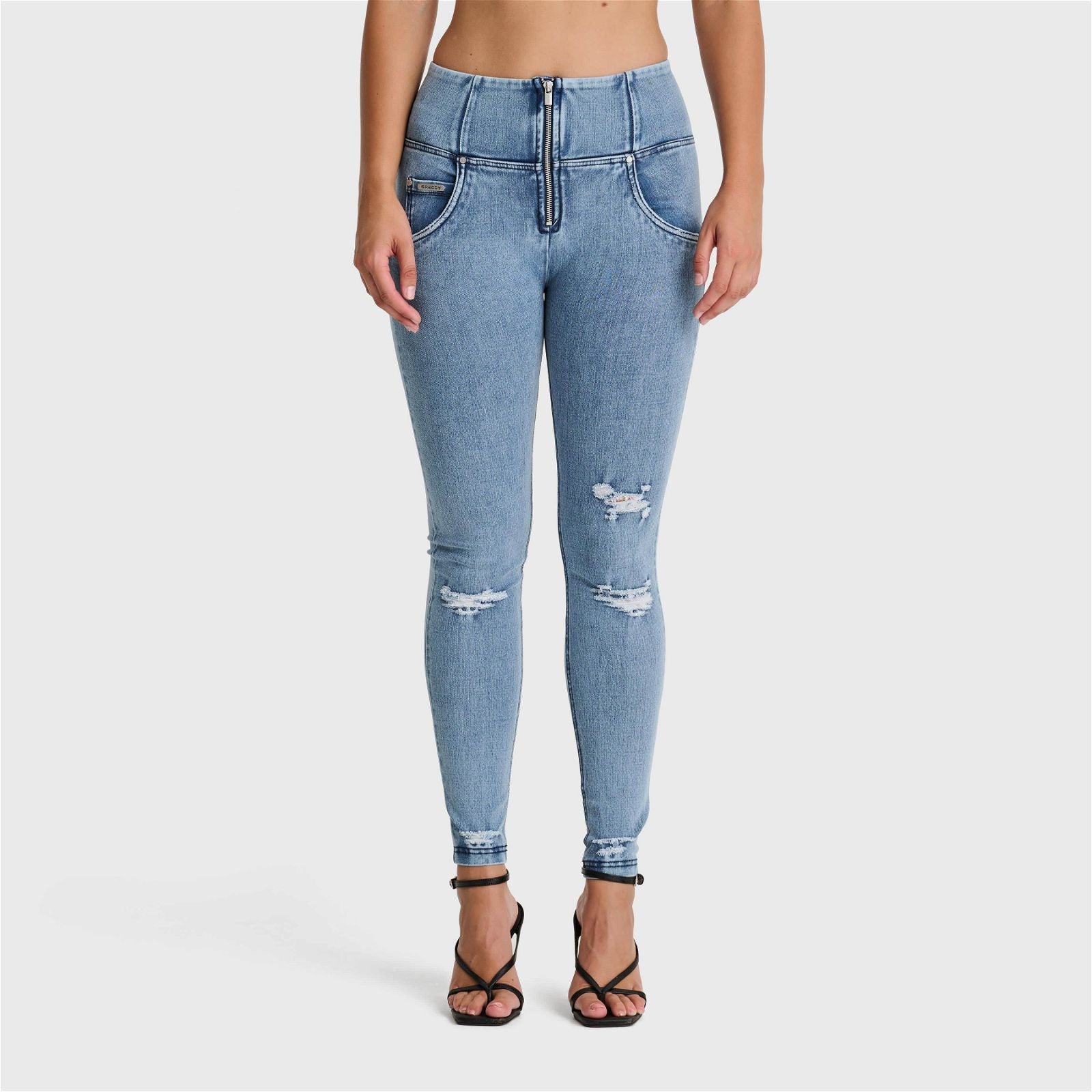 WR.UP® SNUG Distressed Jeans - High Waisted - Full Length - Light Blue + Blue Stitching 1