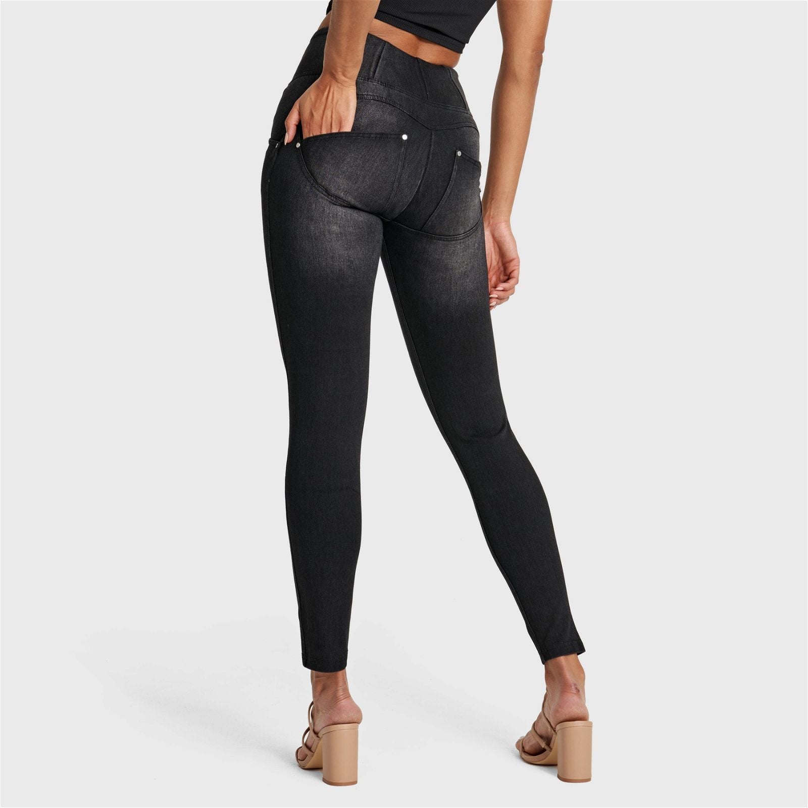 WR.UP® SNUG Distressed Jeans - High Waisted - Petite Length - Black + Black Stitching 3