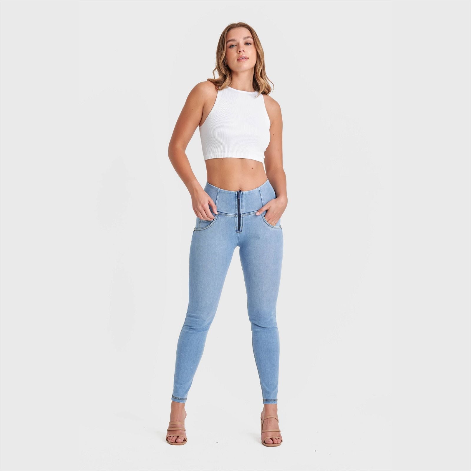WR.UP® SNUG Jeans - High Waisted - Full Length - Light Blue + Yellow Stitching 1