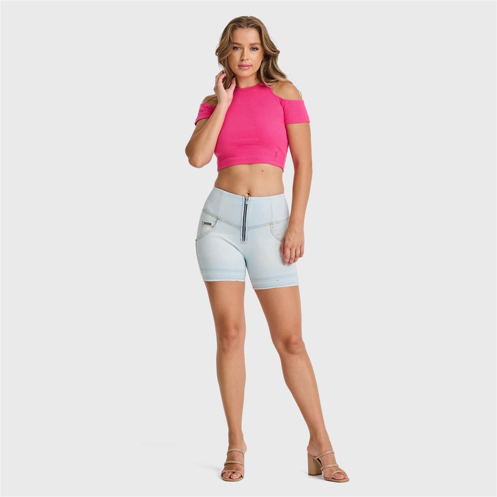 WR.UP® SNUG Jeans - High Waisted - Shorts - Baby Blue + Yellow Stitching 2