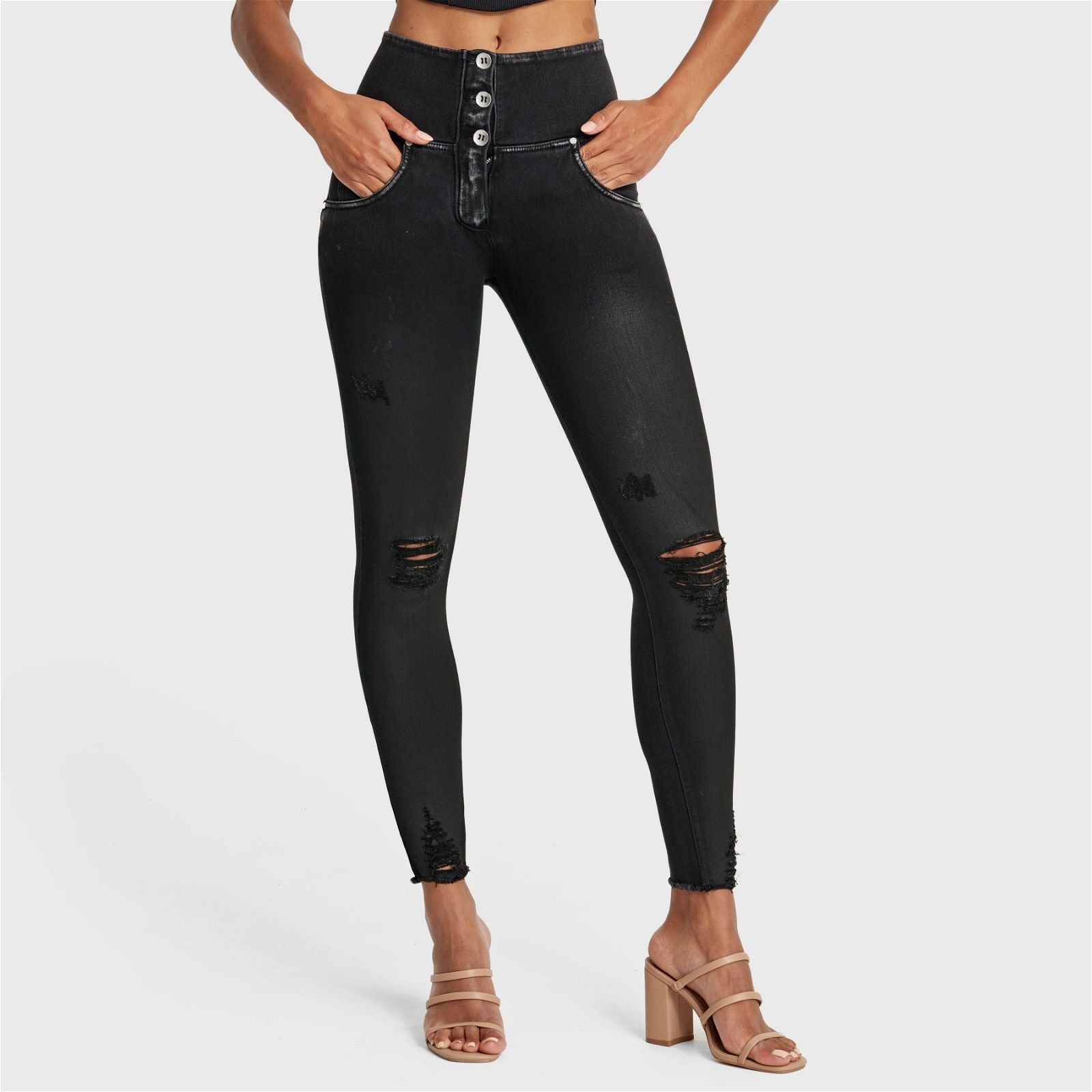 WR.UP® Snug Ripped Jeans - Cintura alta - Largo completo - Negro revestido + Costuras negras  1