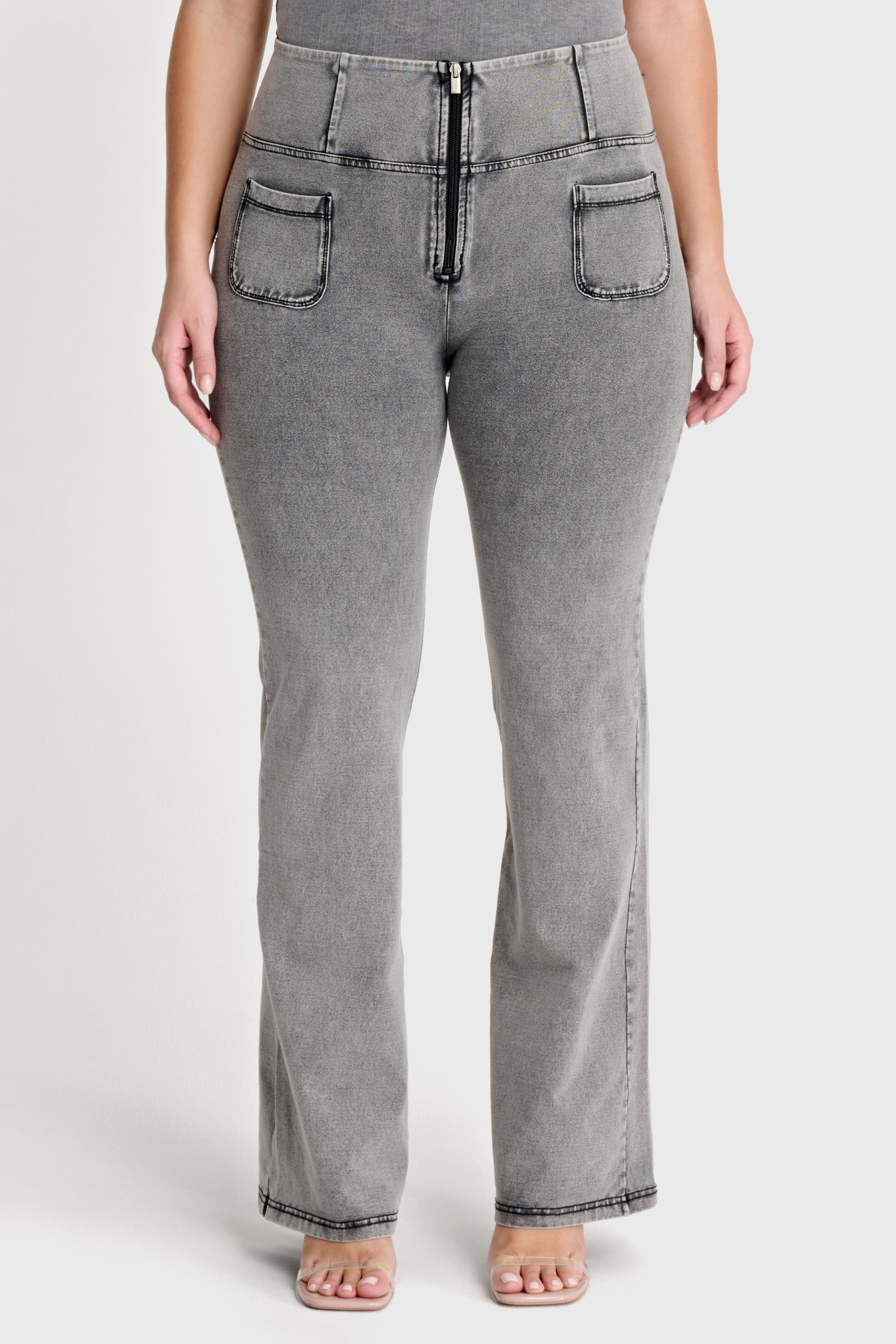 WRUP Denim with Front Pockets - Super High Waisted - Flare - Grey + Black Stitching 3