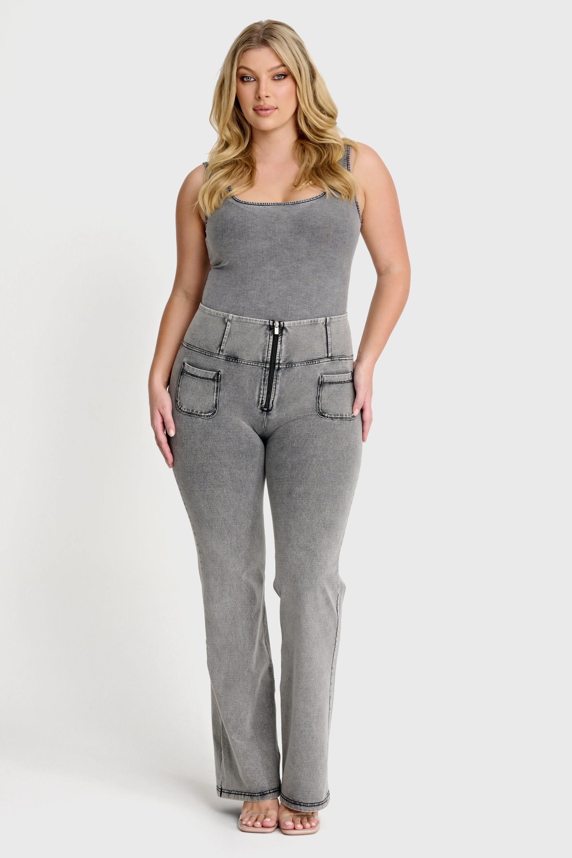 WRUP Denim with Front Pockets - Super High Waisted - Flare - Grey + Black Stitching 1